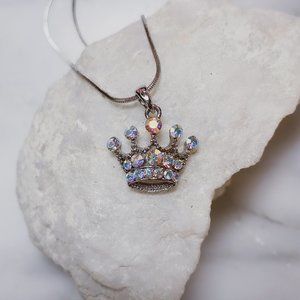 Aurora Borealis Rhinestone Royal Princess Crown Silver Charm Chain Necklace